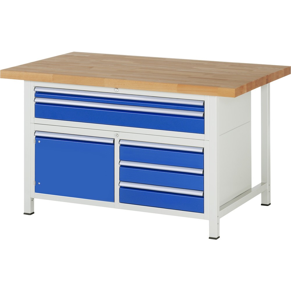 Imagen del producto: Banco de trabajo RAU serie 8000, 1 contenedor triple, 1 puerta batiente doble, HxAxF 840-1.040 x 1.500 x 900 mm, 5 cajones extraíbles al 90 %, 2 XXL arriba