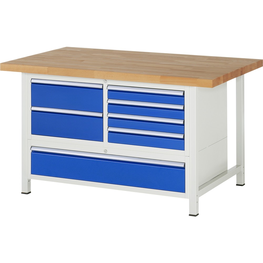 Imagen del producto: Banco de trabajo RAU serie 8000, 1 contenedor triple, HxAxF 840-1.040 x 1.500 x 900 mm, 7 cajones extraíbles al 90 %, 4 x 90, 3 x 180 mm