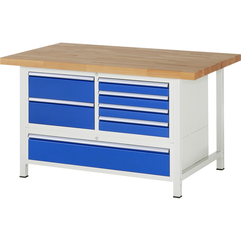 Imagen del producto: Banco de trabajo RAU serie 8000, 1 contenedor triple, HxAxF 840-1.040 x 1.500 x 900 mm, 7 cajones extraíbles al 90 %, 4 x 90, 3 x 180 mm