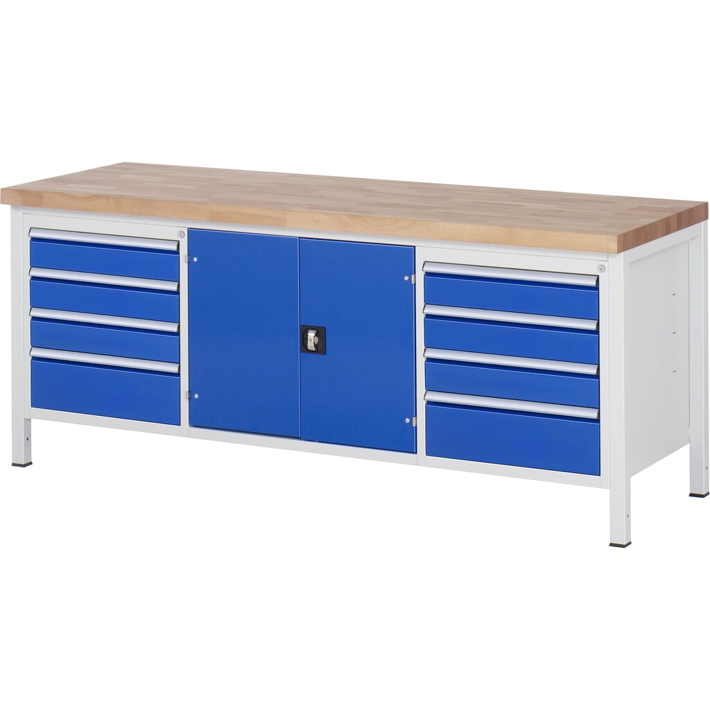 Banco de trabajo RAU serie 8000, 1 contenedor triple, 1 puerta de doble hoja, HxAxF 840-1.040 x 2.000 x 700 mm, 8 cajones extraíbles al 90 % Imagen del producto: Banco de trabajo RAU serie 8000, 1 contenedor triple, 1 puerta de doble hoja, HxAxF 840-1.040 x 2.000 x 700 mm, 8 cajones extraíbles al 90 %