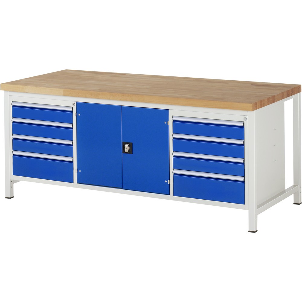 Imagen del producto: Banco de trabajo RAU serie 8000, 1 contenedor triple, 1 puerta de doble hoja, HxAxF 840-1.040 x 2.000 x 900 mm, 8 cajones extraíbles al 90 %