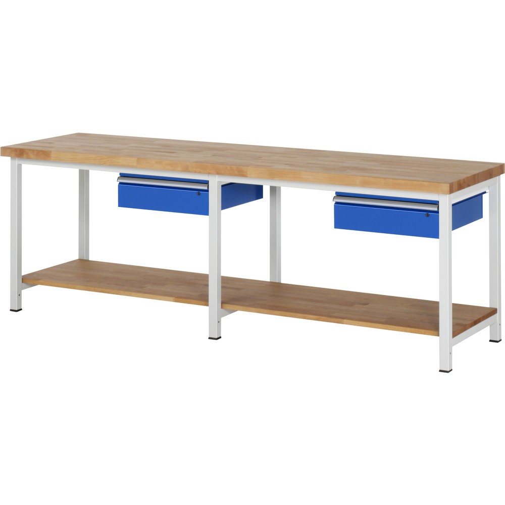Imagen del producto: Banco de trabajo RAU, serie 8000, HxAxF 840-1.040 x 2.500 x 700 mm, 2 cajón, 1 estante inferior de haya maciza