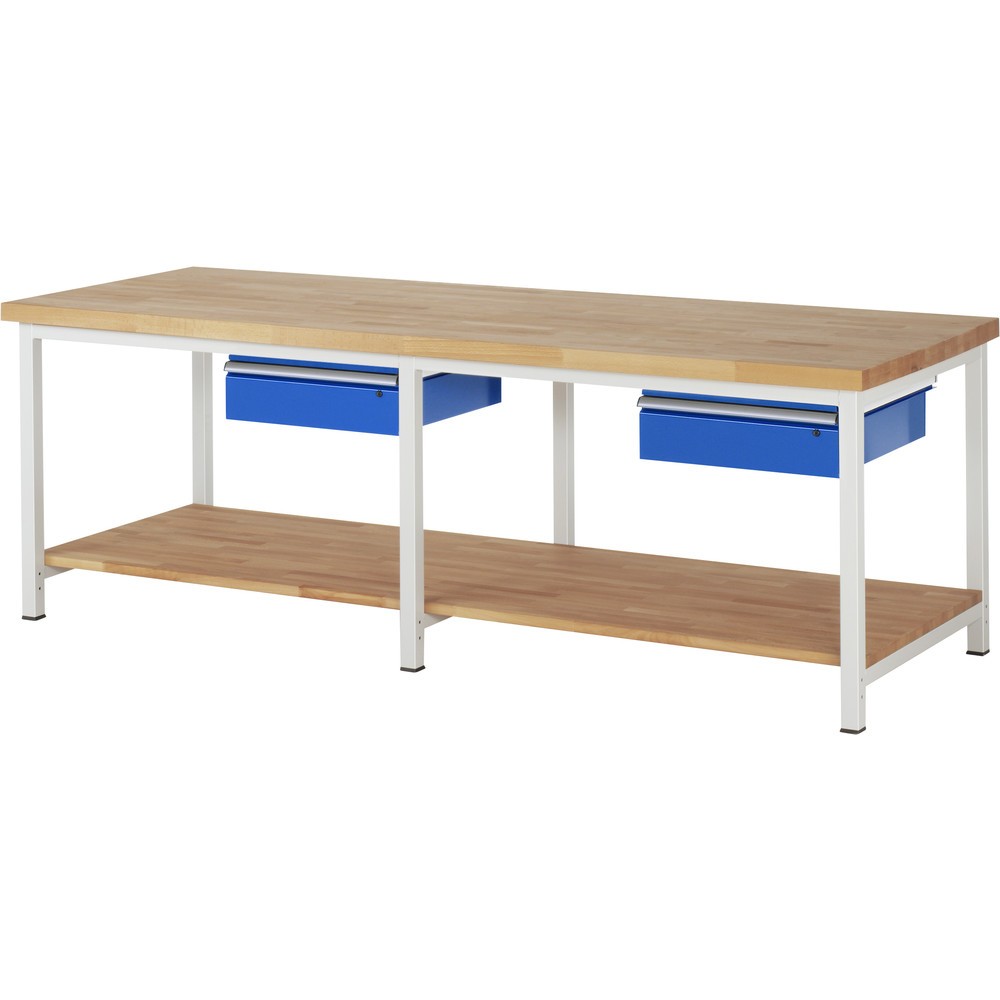 Imagen del producto: Banco de trabajo RAU, serie 8000, HxAxF 840-1.040 x 2.500 x 900 mm, 2 cajón, 1 estante inferior de haya maciza