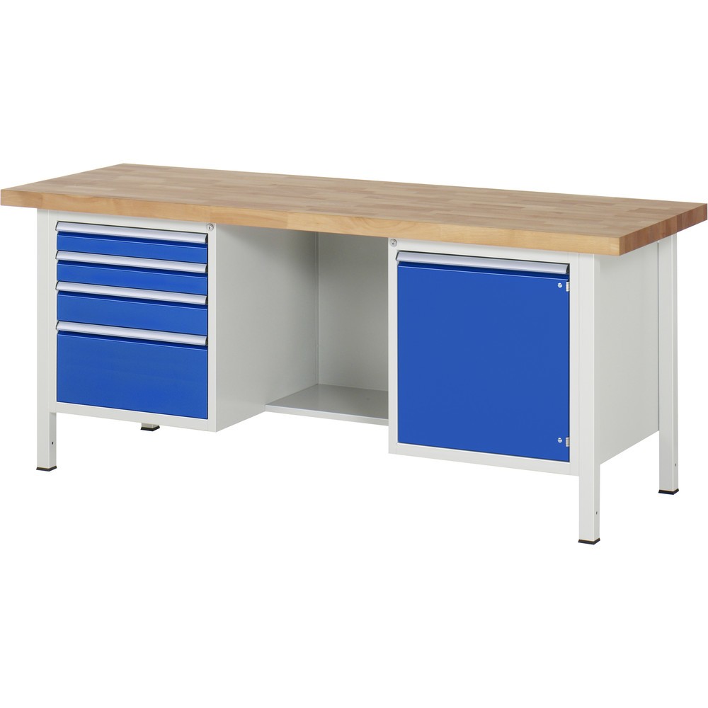 Imagen del producto: Banco de trabajo RAU serie 8000, 2 contenedores, 1 estante inferior, 1 puerta batiente, HxAxF 840-1.040 x 2.000 x 700 mm, 4 cajones extraíbles al 90 %, 2 x 90, 1 x 120, 1 x 240 mm