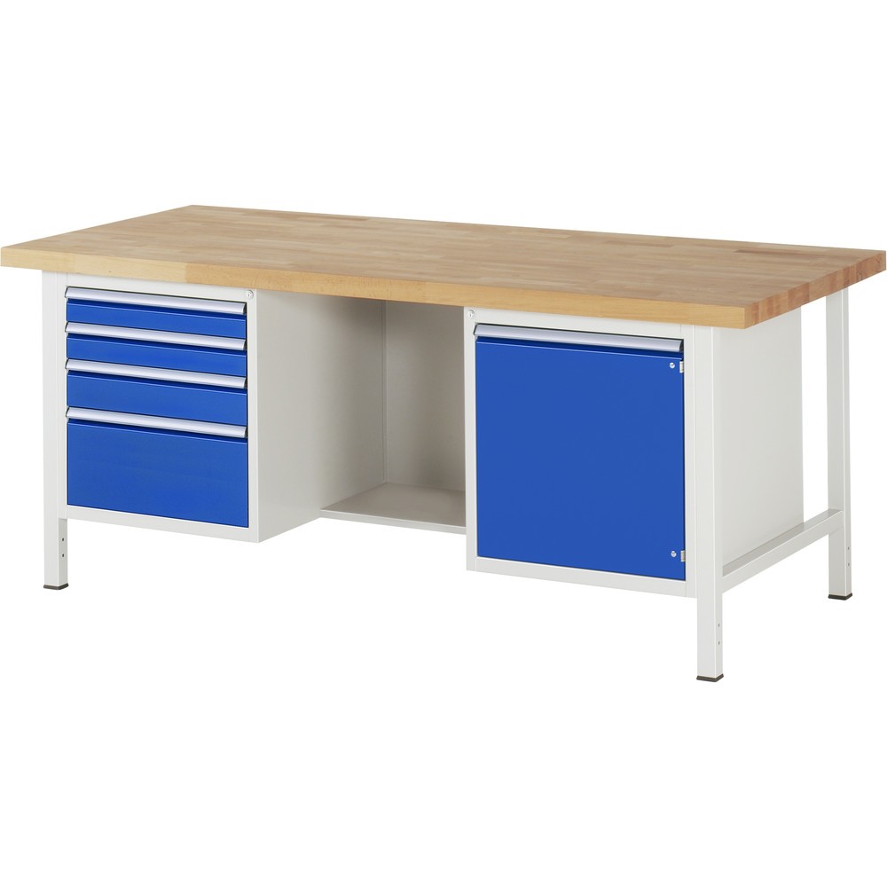 Imagen del producto: Banco de trabajo RAU serie 8000, 2 contenedores, 1 estante inferior, 1 puerta batiente, HxAxF 840-1.040 x 2.000 x 900 mm, 4 cajones extraíbles al 90 %, 2 x 90, 1 x 120, 1 x 240 mm