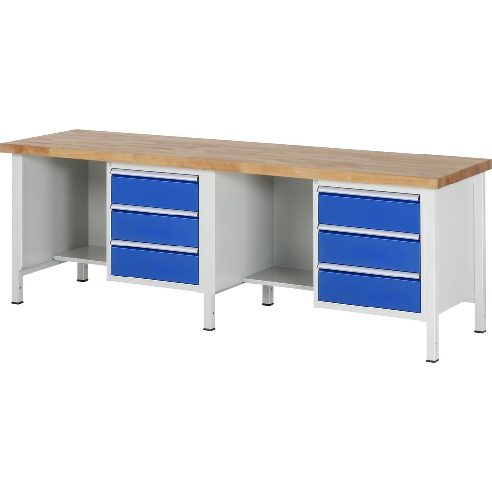 Imagen del producto: Banco de trabajo RAU serie 8000, 2 contenedores, 1 estante inferior, HxAxF 840-1.040 x 2.500 x 700 mm, 6 cajones extraíbles al 90%
