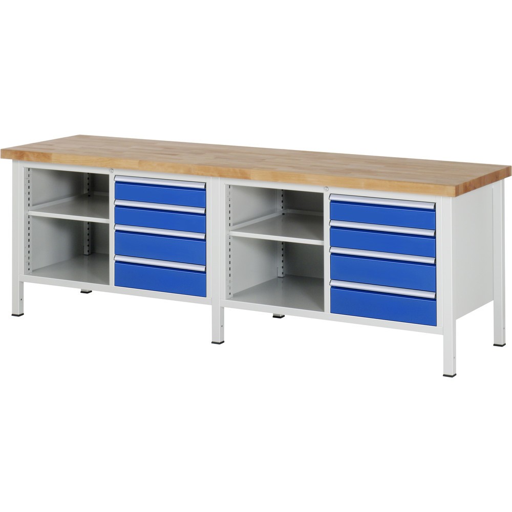 Imagen del producto: Banco de trabajo RAU serie 8000, 2 contenedores dobles, 2 baldas, HxAxF 840-1.040 x 2.500 x 700 mm, 6 cajones extraíbles al 90 %, 4 x 120, 4 x 150 mm