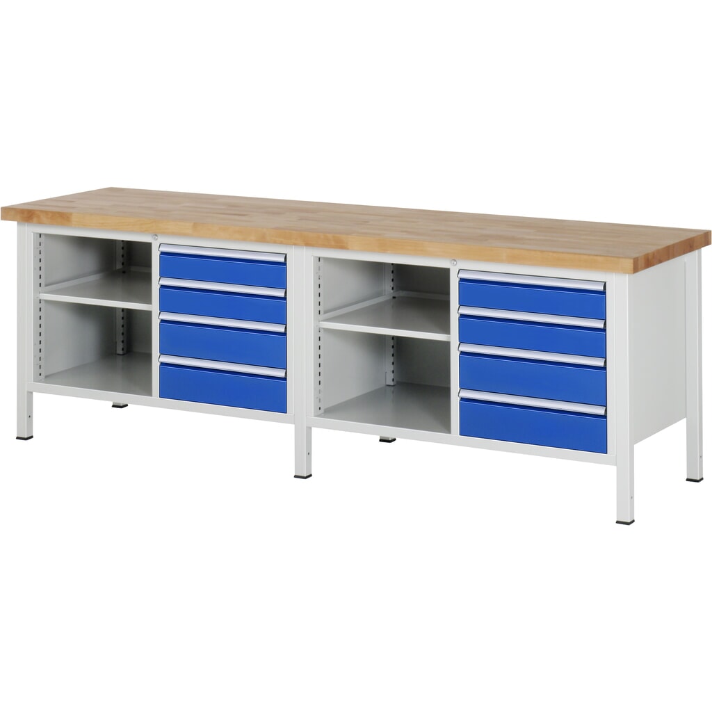 Imagen del producto: Banco de trabajo RAU serie 8000, 2 contenedores dobles, 2 baldas, HxAxF 840-1.040 x 2.500 x 700 mm, 6 cajones extraíbles al 90 %, 4 x 120, 4 x 150 mm