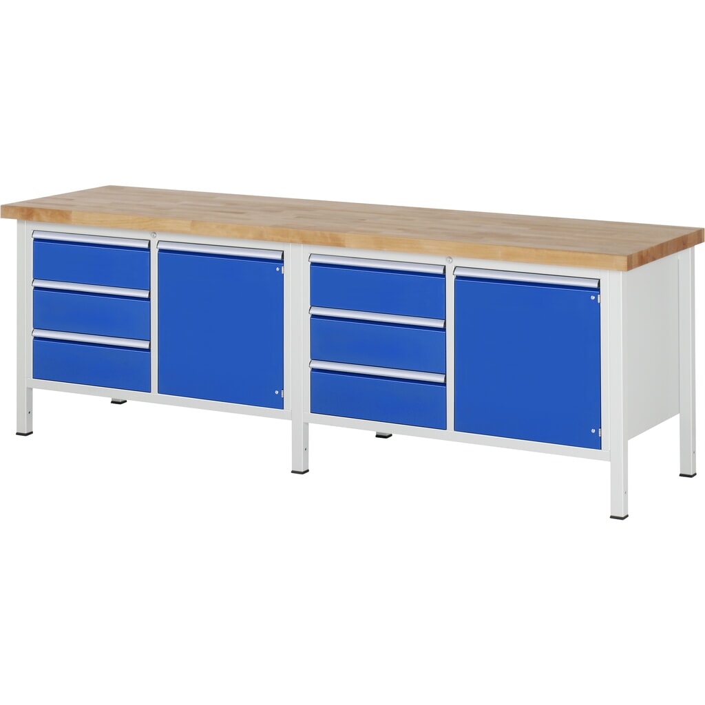 Banco de trabajo RAU serie 8000, 2 contenedores dobles, 2 puertas batientes, HxAxF 840-1.040 x 2.500 x 700 mm, 6 cajones extraíbles al 90 % Imagen del producto: Banco de trabajo RAU serie 8000, 2 contenedores dobles, 2 puertas batientes, HxAxF 840-1.040 x 2.500 x 700 mm, 6 cajones extraíbles al 90 %