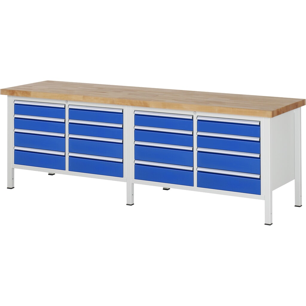 Banco de trabajo RAU serie 8000, 2 contenedores dobles, HxAxF 840-1.040 x 2.500 x 700 mm, 16 cajones extraíbles al 90 % Imagen del producto: Banco de trabajo RAU serie 8000, 2 contenedores dobles, HxAxF 840-1.040 x 2.500 x 700 mm, 16 cajones extraíbles al 90 %