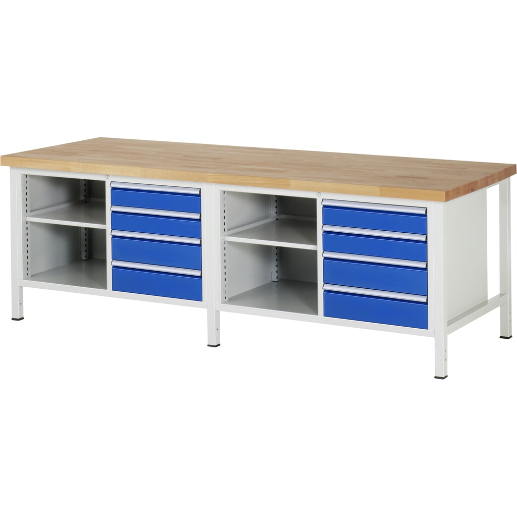 Imagen del producto: Banco de trabajo RAU serie 8000, 2 contenedores dobles, 2 baldas, HxAxF 840-1.040 x 2.500 x 900 mm, 6 cajones extraíbles al 90 %, 4 x 120, 4 x 150 mm
