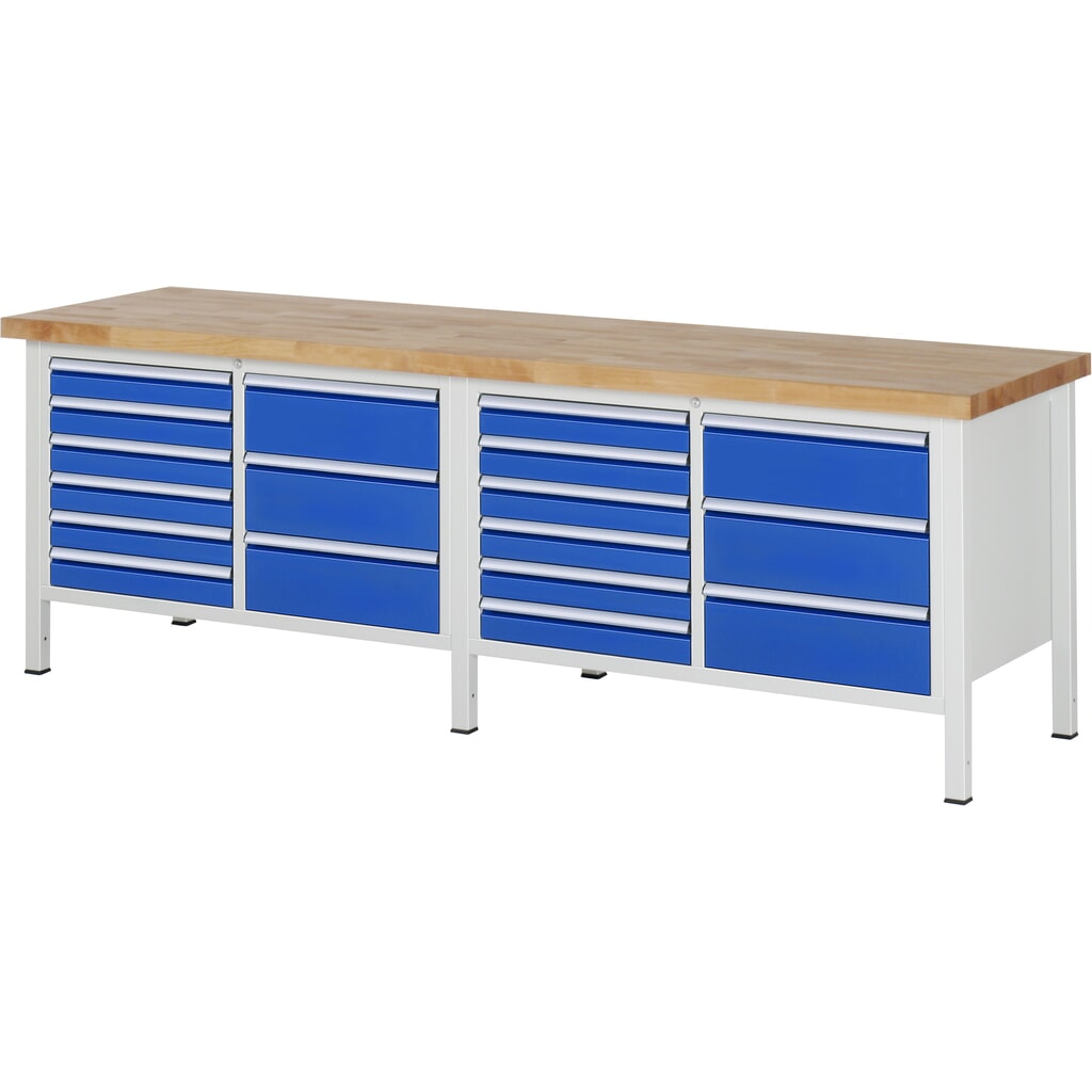 Banco de trabajo RAU serie 8000, 2 contenedores dobles, HxAxF 840-1.040 x 2.500 x 700 mm, 18 cajones extraíbles al 90 % Imagen del producto: Banco de trabajo RAU serie 8000, 2 contenedores dobles, HxAxF 840-1.040 x 2.500 x 700 mm, 18 cajones extraíbles al 90 %