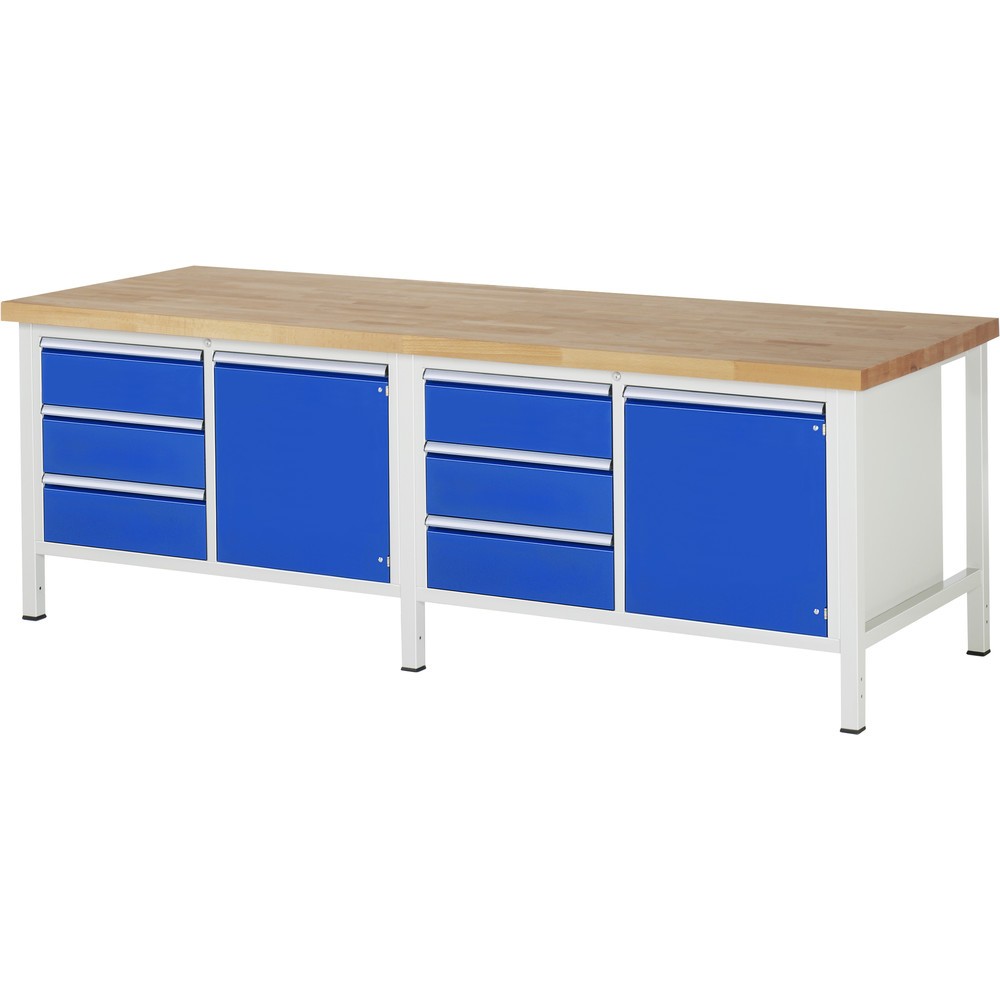 Imagen del producto: Banco de trabajo RAU serie 8000, 2 contenedores dobles, 2 puertas batientes, HxAxF 840-1.040 x 2.500 x 900 mm, 6 cajones extraíbles al 90 %