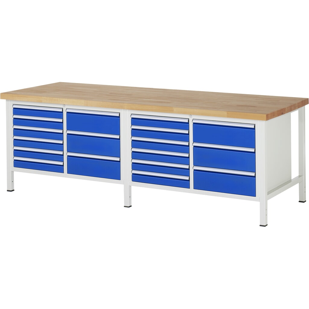Banco de trabajo RAU serie 8000, 2 contenedores dobles, HxAxF 840-1.040 x 2.500 x 900 mm, 18 cajones extraíbles al 90 % Imagen del producto: Banco de trabajo RAU serie 8000, 2 contenedores dobles, HxAxF 840-1.040 x 2.500 x 900 mm, 18 cajones extraíbles al 90 %