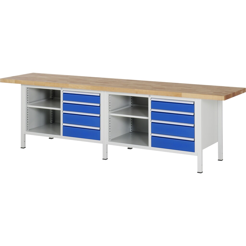 Imagen del producto: Banco de trabajo RAU serie 8000, 2 contenedores dobles, 2 baldas, HxAxF 840-1.040 x 3.000 x 700 mm, 6 cajones extraíbles al 90 %, 4 x 120, 4 x 150 mm