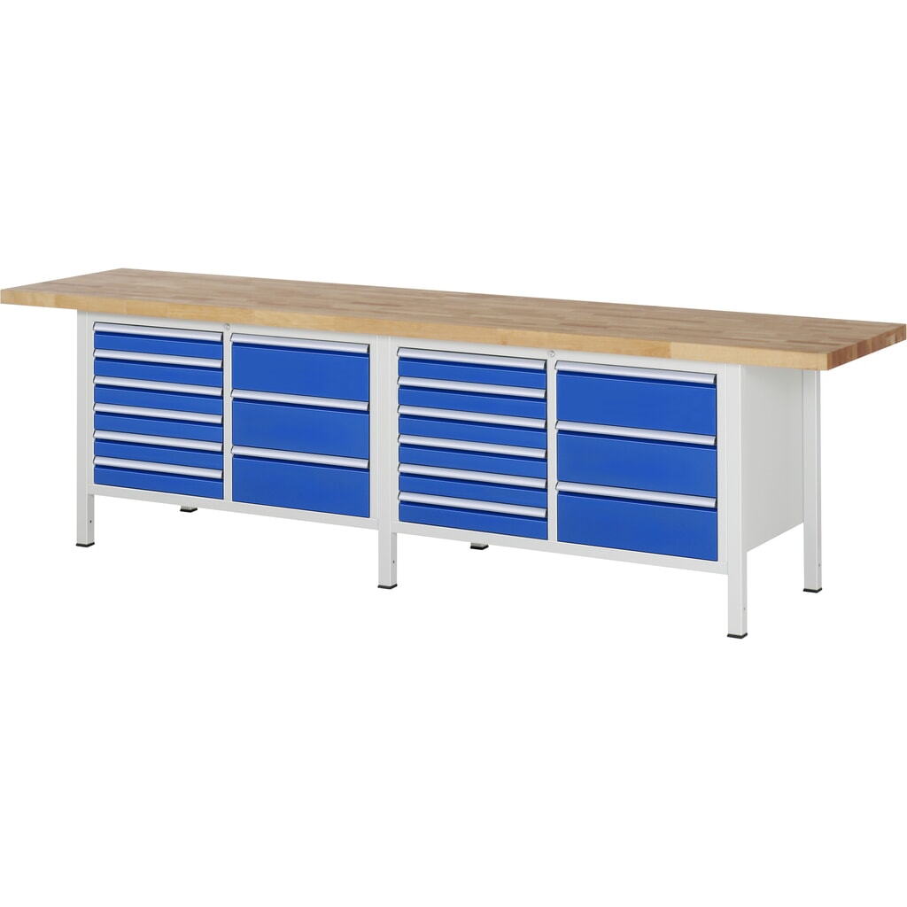 Imagen del producto: Banco de trabajo RAU serie 8000, 2 contenedores dobles, HxAxF 840-1.040 x 3.000 x 700 mm, 18 cajones extraíbles al 90 %