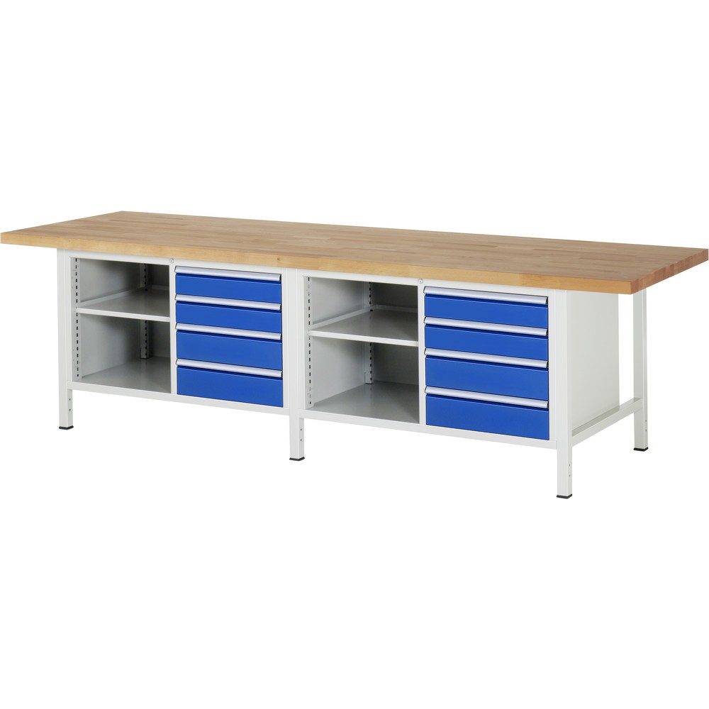 Imagen del producto: Banco de trabajo RAU serie 8000, 2 contenedores dobles, 2 baldas, HxAxF 840-1.040 x 3.000 x 900 mm, 6 cajones extraíbles al 90 %, 4 x 120, 4 x 150 mm