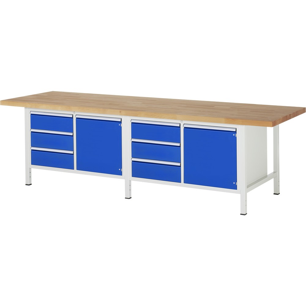 Imagen del producto: Banco de trabajo RAU serie 8000, 2 contenedores dobles, 2 puertas batientes, HxAxF 840-1.040 x 3.000 x 900 mm, 6 cajones extraíbles al 90 %