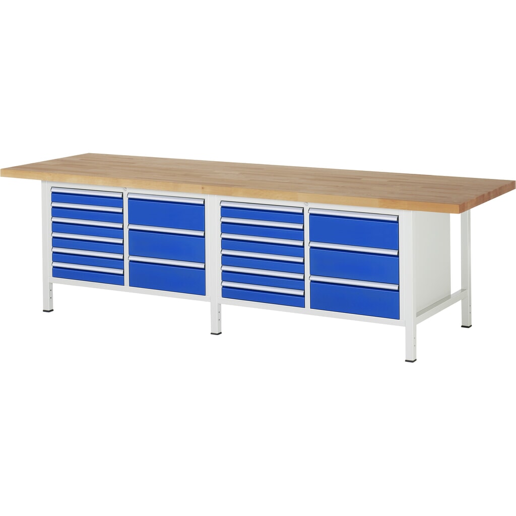 Banco de trabajo RAU serie 8000, 2 contenedores dobles, HxAxF 840-1.040 x 3.000 x 900 mm, 18 cajones extraíbles al 90 % Imagen del producto: Banco de trabajo RAU serie 8000, 2 contenedores dobles, HxAxF 840-1.040 x 3.000 x 900 mm, 18 cajones extraíbles al 90 %