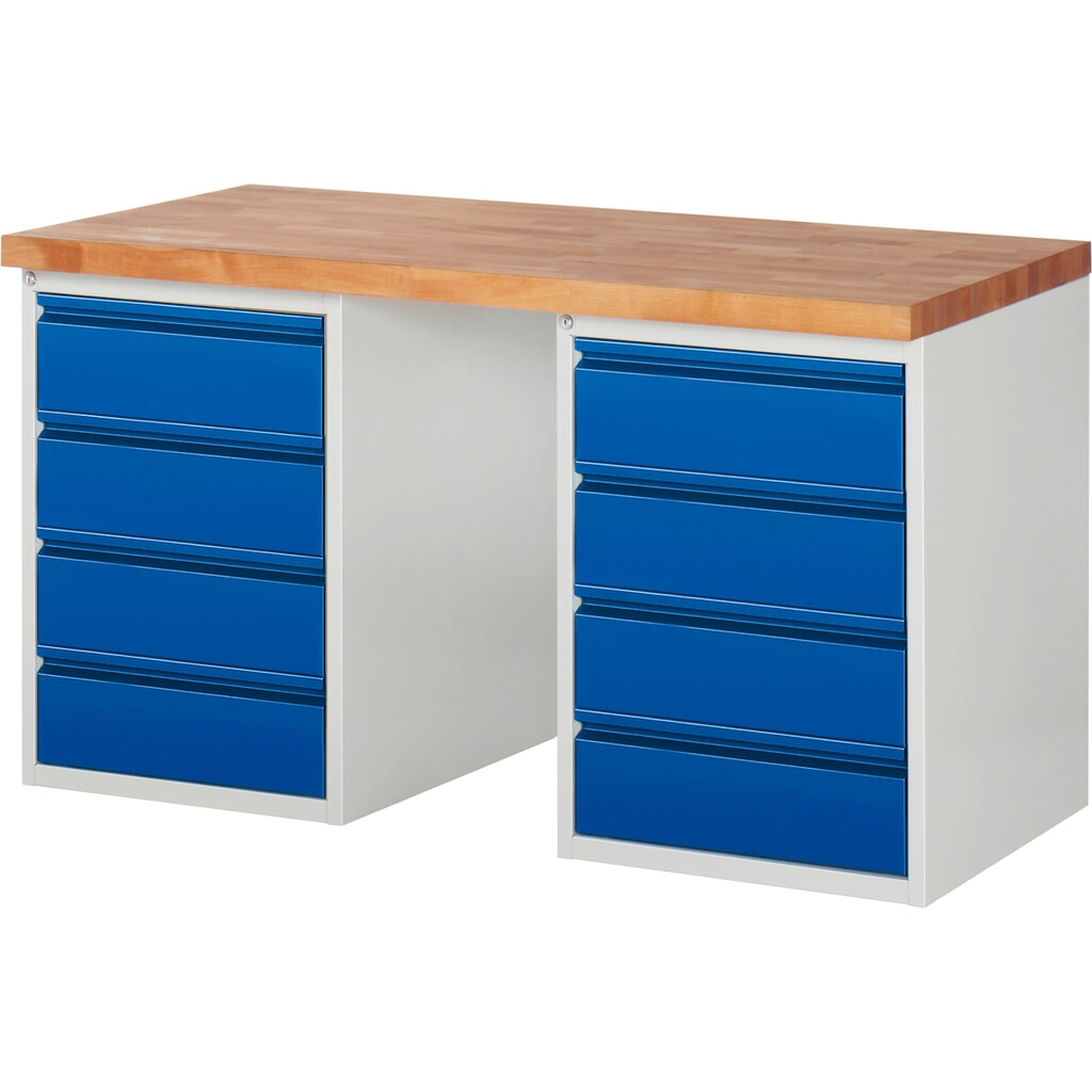 Banco de trabajo Steinbock®, con 2 cajones 4, alto H x An x F 840 x 1500 x 700 mm, RAL 7035/5010 Imagen del producto: Banco de trabajo Steinbock®, con 2 cajones 4, alto H x An x F 840 x 1500 x 700 mm, RAL 7035/5010