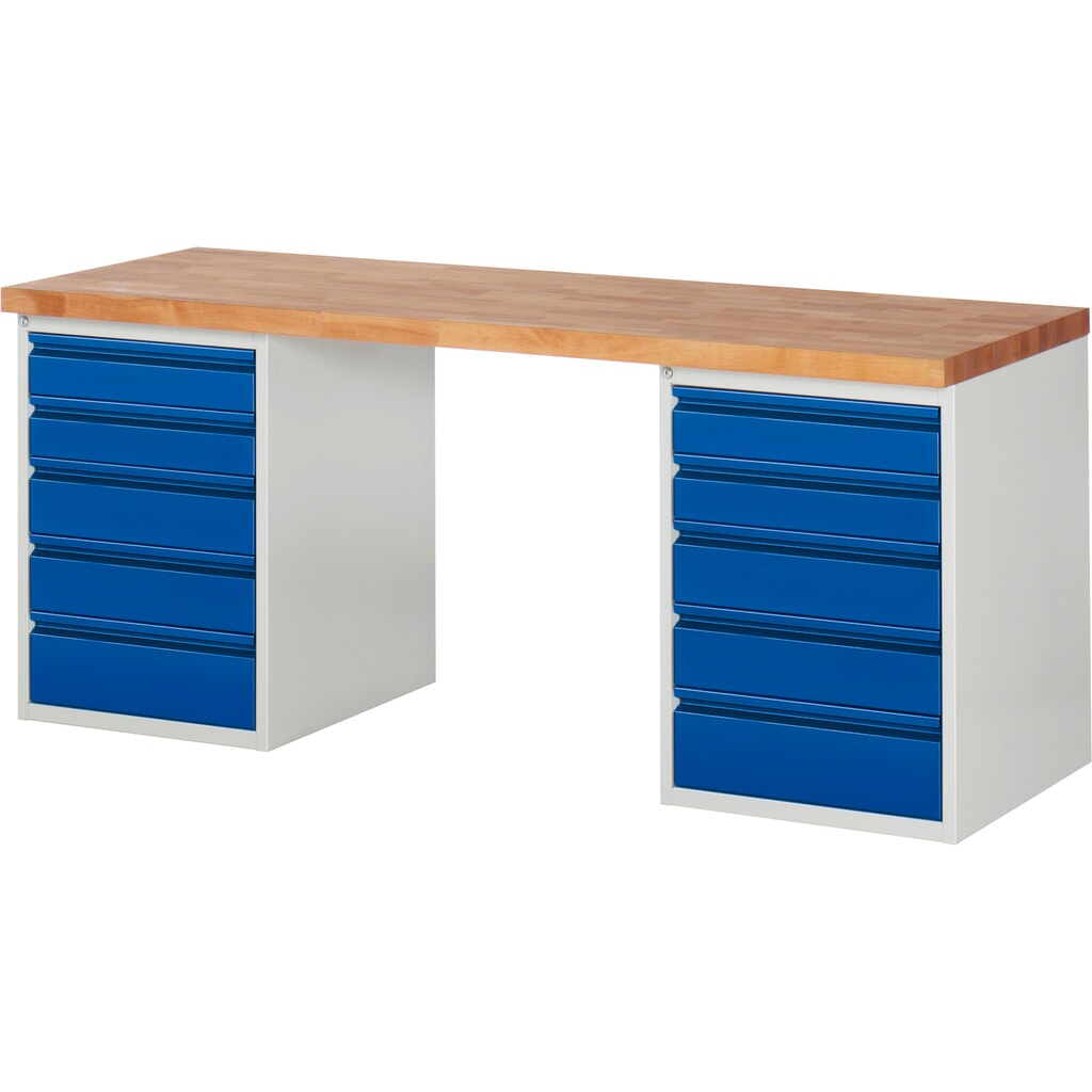 Banco de trabajo Steinbock®, con 2 cajones 5, alto H x An x F 840 x 2.000 x 700 mm, RAL 7035/5010 Imagen del producto: Banco de trabajo Steinbock®, con 2 cajones 5, alto H x An x F 840 x 2.000 x 700 mm, RAL 7035/5010