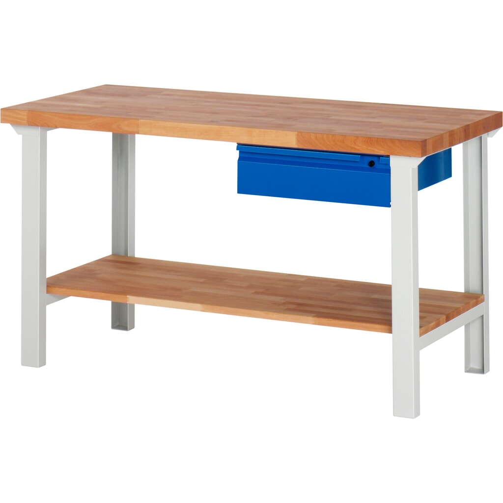 Banco de trabajo Steinbock®, con cajón y estante inferior, alto H x An x F 840 x 1500 x 700 mm, RAL 7035/5010 Imagen del producto: Banco de trabajo Steinbock®, con cajón y estante inferior, alto H x An x F 840 x 1500 x 700 mm, RAL 7035/5010