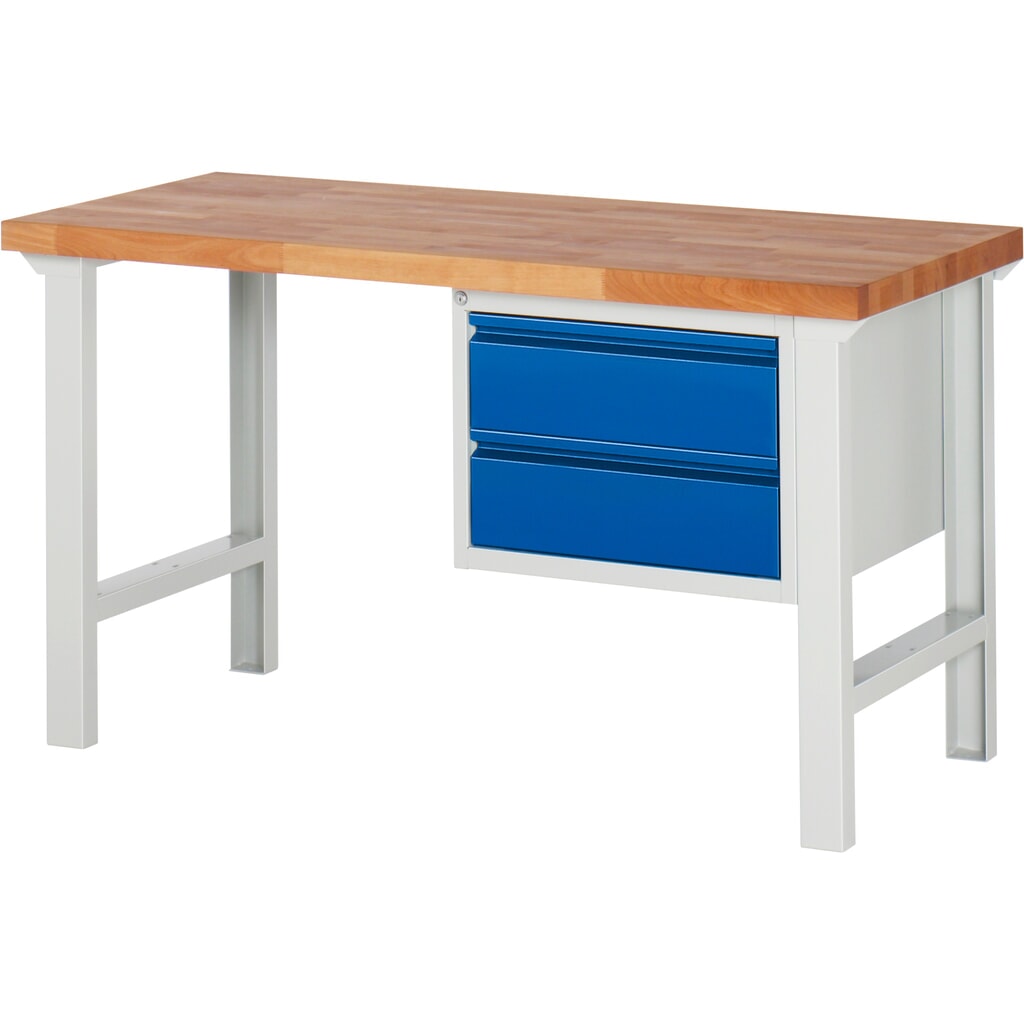 Banco de trabajo Steinbock®, con 2 cajones, alto H x An x F 840 x 1500 x 700 mm, RAL 7035/5010 Imagen del producto: Banco de trabajo Steinbock®, con 2 cajones, alto H x An x F 840 x 1500 x 700 mm, RAL 7035/5010