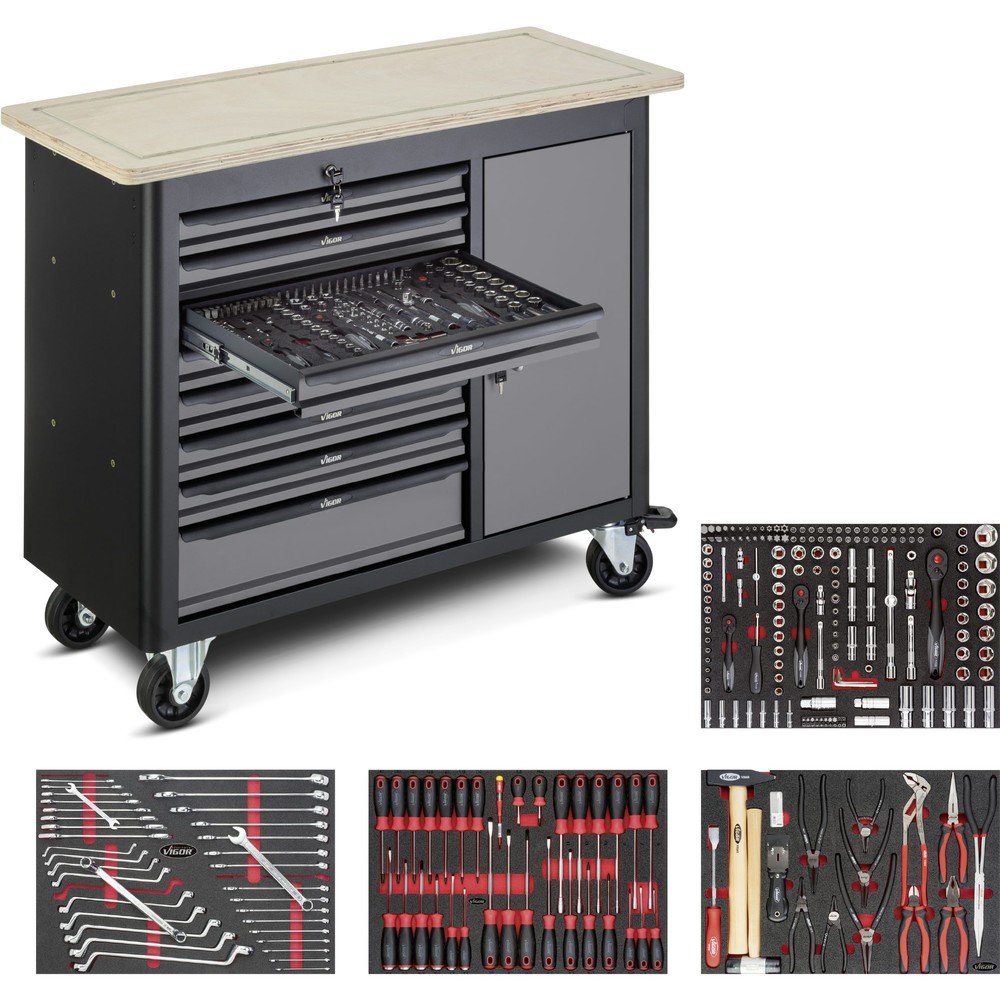 Número de imagen del producto 1: Workbench VIGOR® 1000, inclusivo surtido de 265 piezas, 8 cajones+1 armario