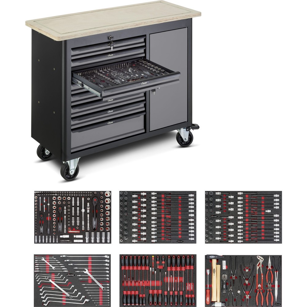 Número de imagen del producto 1: Workbench VIGOR® 1000, inclusivo 385 piezas surtido, 8 cajones+1 armario