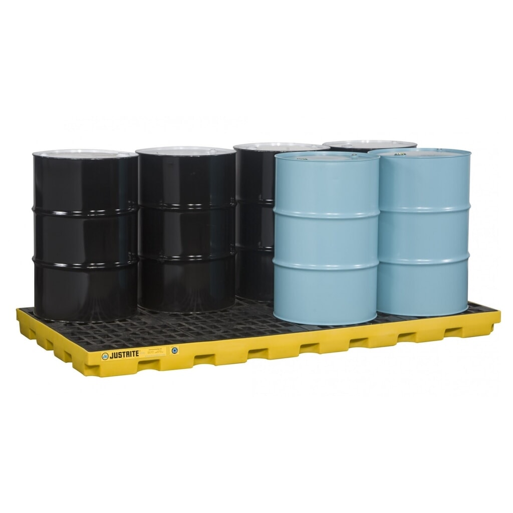 Justrite® cubeta de retención plano de PE, 8 x 200 l, capacidad 371 l, amarillo Imagen del producto: Justrite® cubeta de retención plano de PE, 8 x 200 l, capacidad 371 l, amarillo
