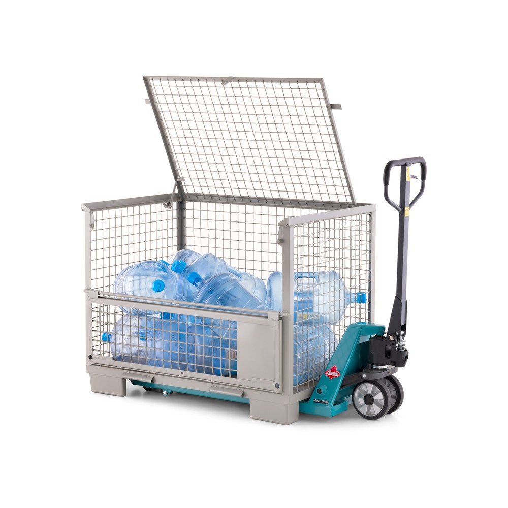Contenedor basculante con ruedas huecos para horquillas de carretilla