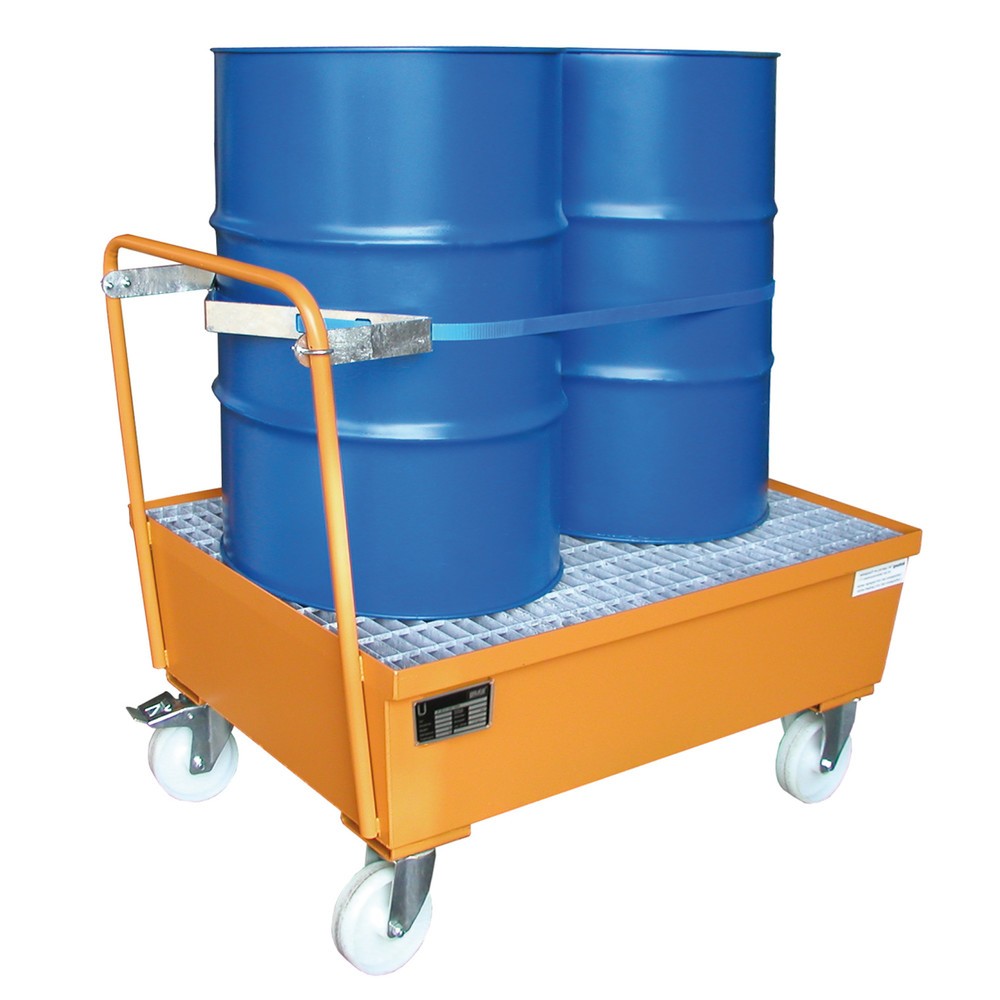 Número de imagen del producto 3: Bauer® Cuba de contención con ruedas, incl. 2 soportes para barriles de 200 l verticales, capacidad 225 l, amarillo anaranjado