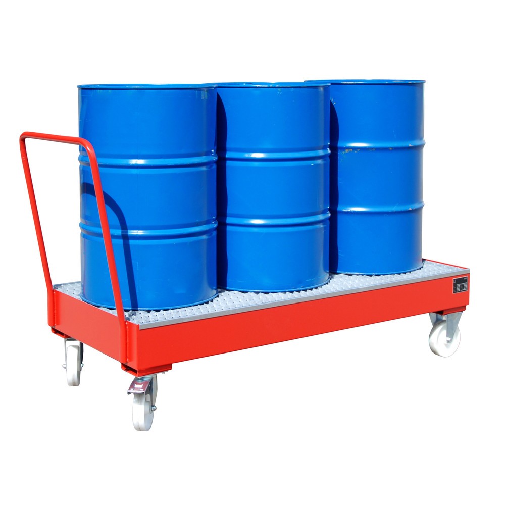 Imagen del producto: Bauer® Cuba de contención con ruedas, incl. 3 soportes para barriles de 200 l verticales, capacidad 202 l, rojo fuego