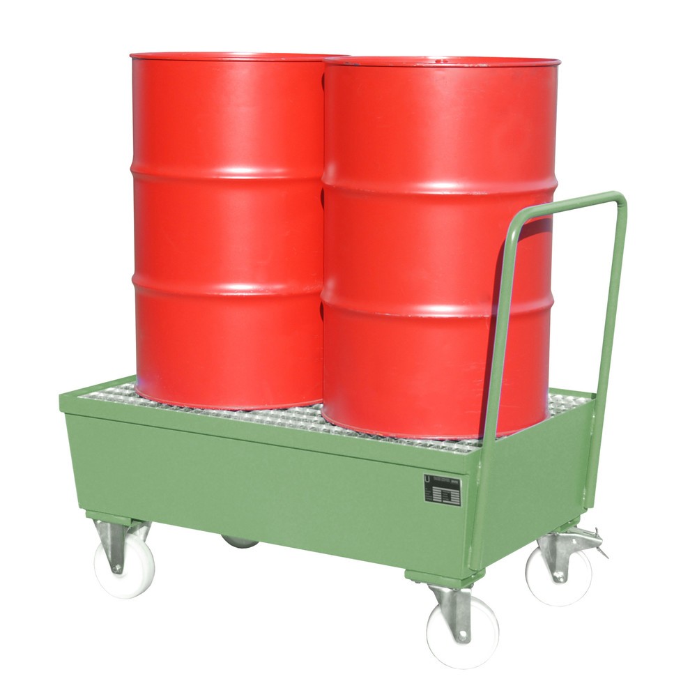 Imagen del producto: Bauer® Cuba de contención con ruedas, incl. 2 soportes para barriles de 200 l verticales, capacidad 225 l, verde reseda