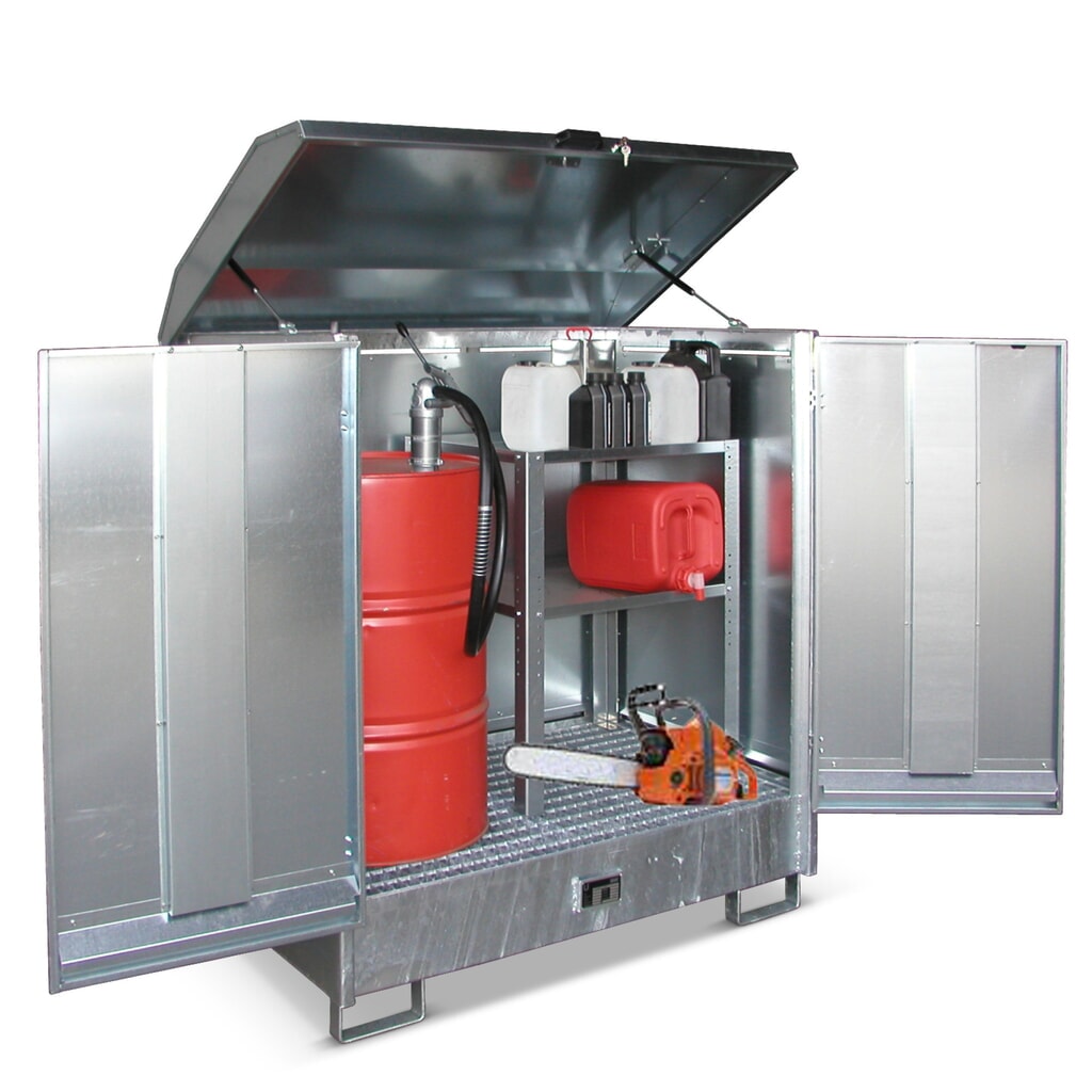 Bauer® Depósito de sustancias peligrosas GD- N, con cuba de contención para 2x 200 l, H x A x F 1.610 x 1.440 x 1.015 mm Número de imagen del producto 2: Bauer® Depósito de sustancias peligrosas GD- N, con cuba de contención para 2x 200 l, H x A x F 1.610 x 1.440 x 1.015 mm