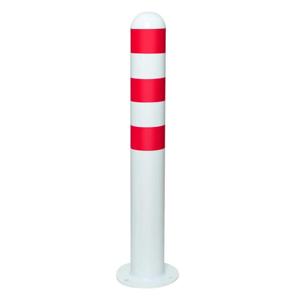 Bolardo protector para estaciones de carga II, diámetro 108 mm, altura 800 mm, para tacos, acero, recubierto de plástico, anillos reflectantes rojos Imagen del producto: Bolardo protector para estaciones de carga II, diámetro 108 mm, altura 800 mm, para tacos, acero, recubierto de plástico, anillos reflectantes rojos