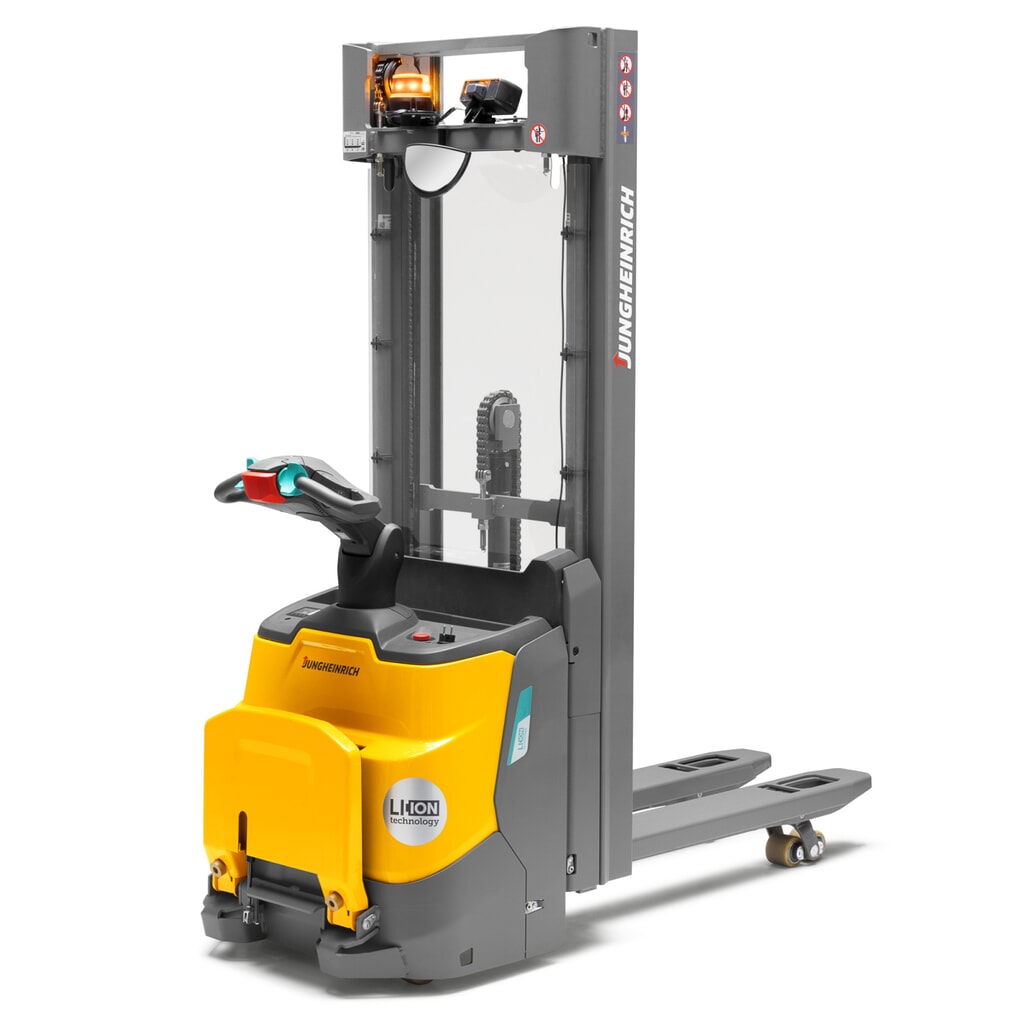 Imagen del producto: Jungheinrich apilador eléctrico ERC 110zi ZT con plataforma de pie, mástil de elevación telescópico doble, altura de elevación 2.300 mm, capacidad de carga 1.000 kg, sistema hidráulico proporcional