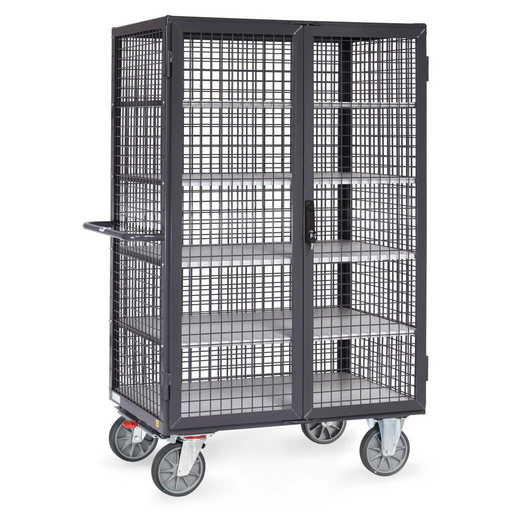 Imagen del producto: carro armario fetra® ESD, capacidad de carga 750 kg, paredes de celosía, con puerta doble de dos hojas, 5 niveles de 1.000 x 680 mm