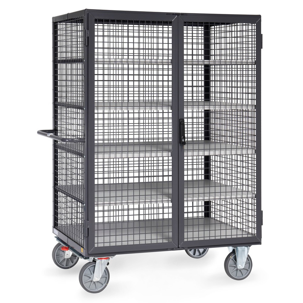 Imagen del producto: carro armario fetra® ESD, capacidad de carga 750 kg, paredes de celosía, con puerta doble de dos hojas, 5 niveles de 1.200 x 780 mm