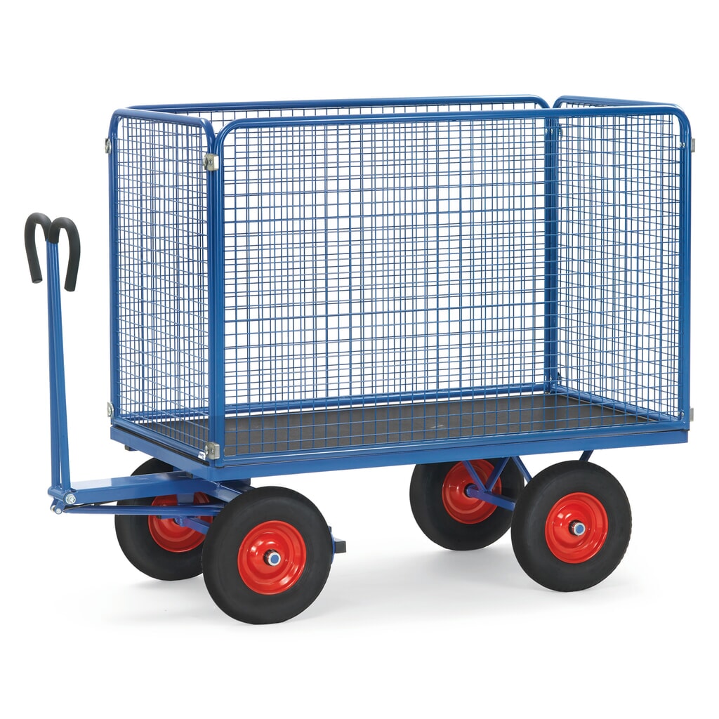 Imagen del producto: carro con plataforma de mano fetra® con paredes de malla de alambre H 1.000 mm, superficie de carga 900 x 1.600 mm, capacidad de carga 1.000 kg, bandajes de goma maciza