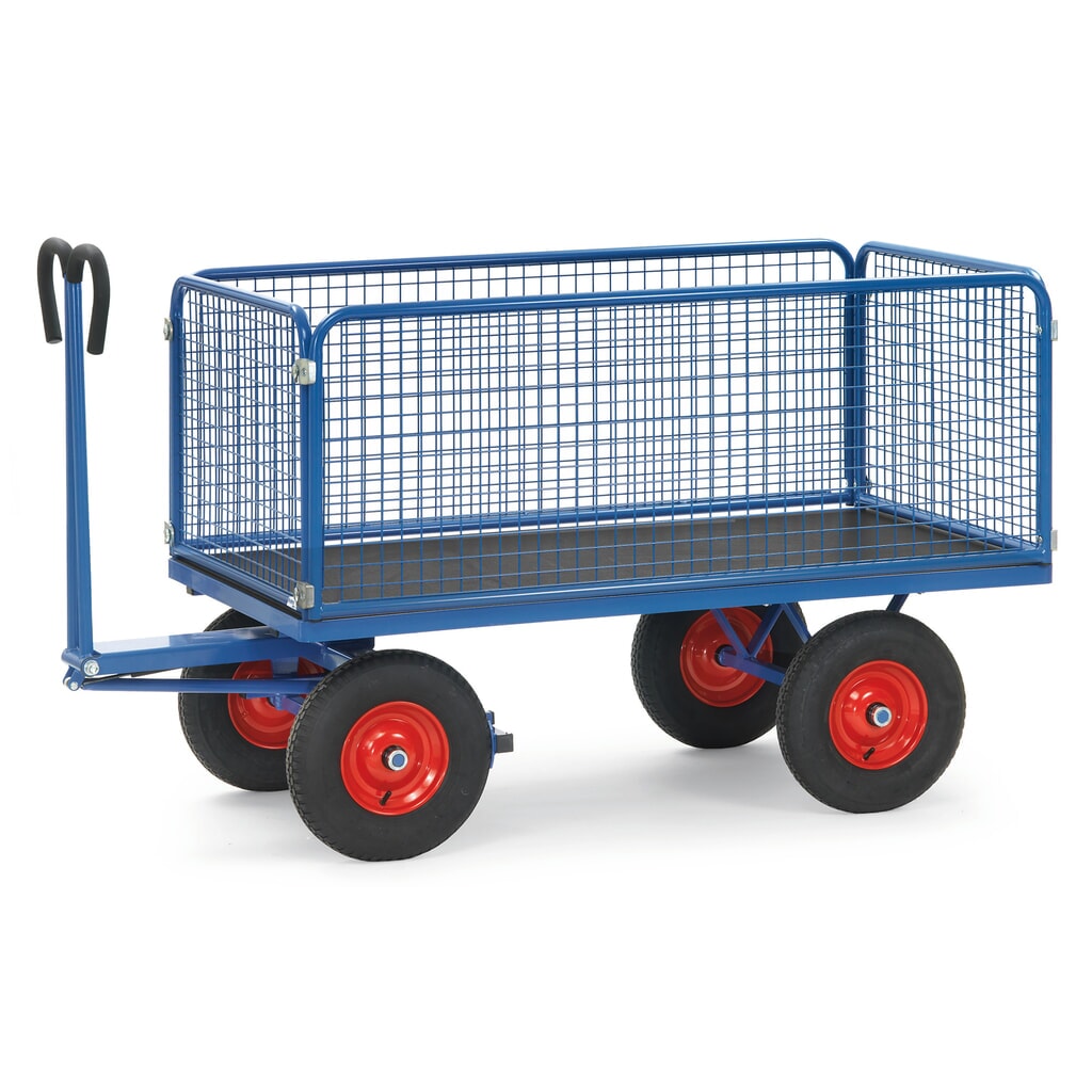 carro con plataforma manual fetra® con paredes de alambre H 600 mm, superficie de carga 900 x 1.600 mm, capacidad de carga 1.000 kg, neumáticos de aire Imagen del producto: carro con plataforma manual fetra® con paredes de alambre H 600 mm, superficie de carga 900 x 1.600 mm, capacidad de carga 1.000 kg, neumáticos de aire