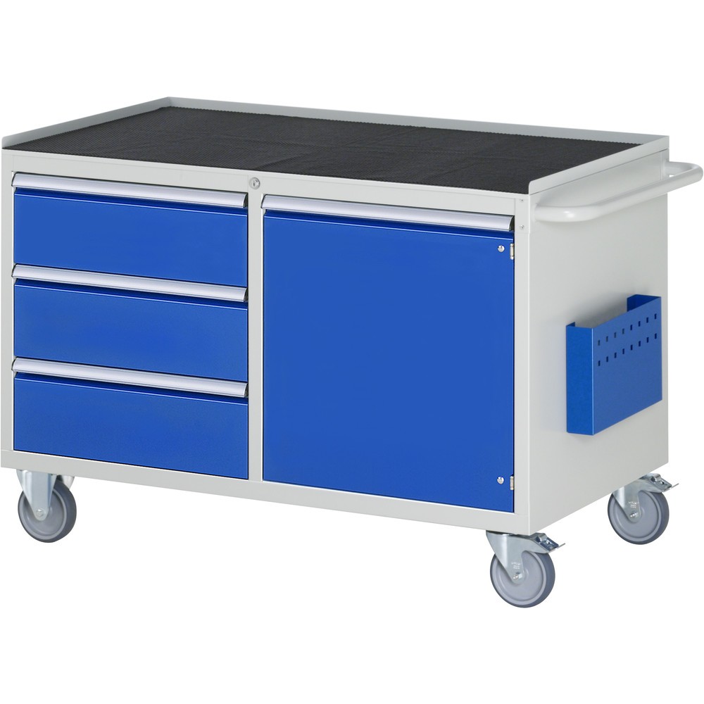 Imagen del producto: Carro de taller RAU serie 7000, HxAxF 795 x 1.145 x 650 mm, 1 puerta batiente, 3 cajones extraíbles al 90%, 3 x 180 mm, encimera de metal, ErgoScript®