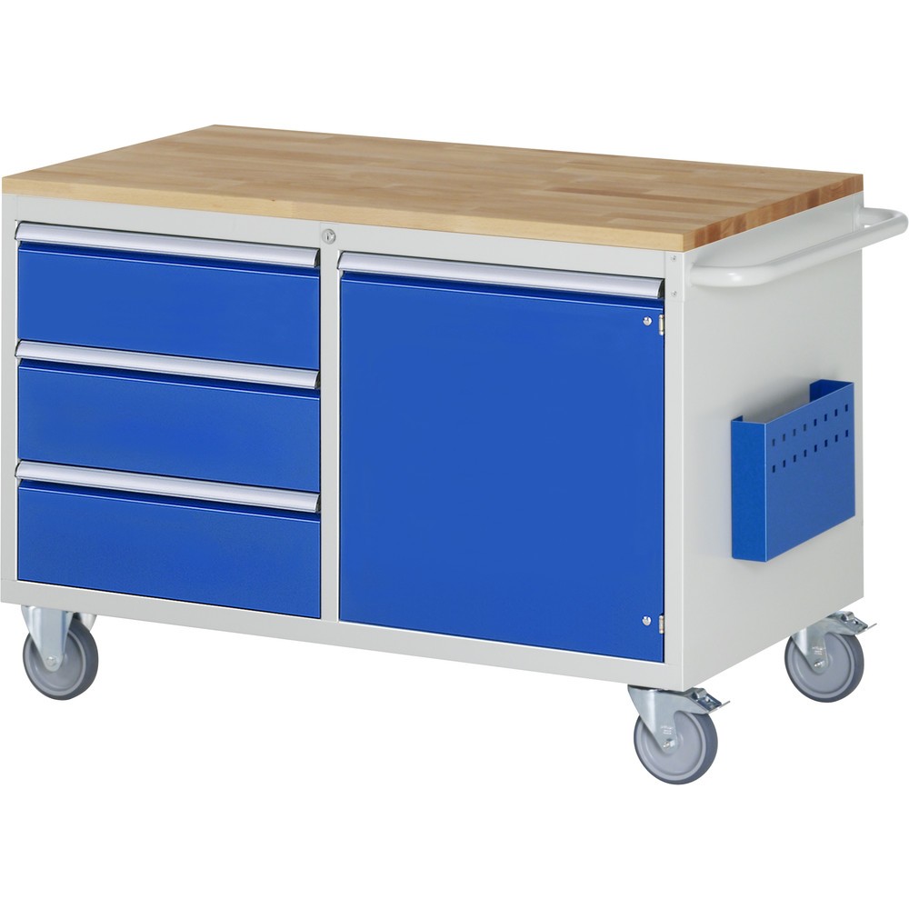 Imagen del producto: Carro de taller RAU serie 7000, HxAxF 795 x 1.145 x 650 mm, 1 puerta batiente, 3 cajones extraíbles al 90%, 3 x 180 mm, encimera de haya, ErgoScript®