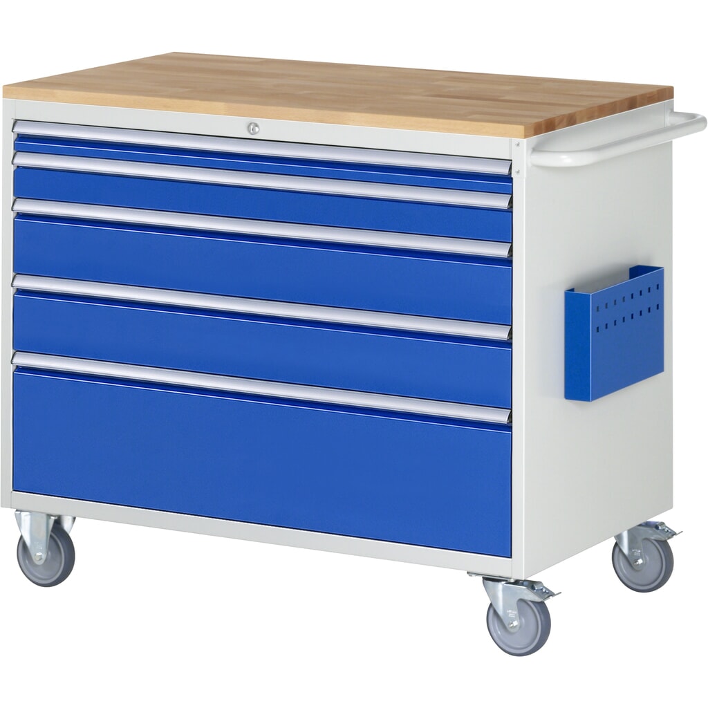 Imagen del producto: Carro de taller RAU serie 7000, HxAxF 975 x 1.145 x 650 mm, 5 cajones extraíbles al 90% 1 x 60 mm, 1 x 90, 2 x 150, 1 x 270 mm, encimera de haya