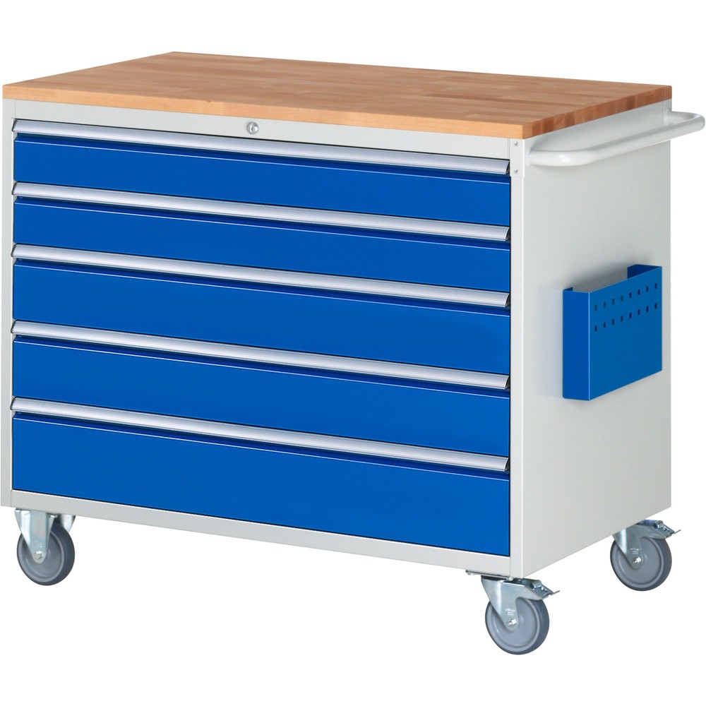 Imagen del producto: Carro de taller RAU serie 7000, HxAxF 975 x 1.145 x 650 mm, 5 cajones extraíbles al 90% 2 x 120, 2 x 150 mm, 1 x 180 mm, encimera de haya
