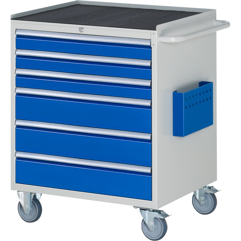 Carro de taller RAU serie 7000, HxAxF 975 x 770 x 650 mm, 6 cajones extraíbles al 90%, 3 x 90, 3 x 150 mm, encimera de metal Imagen del producto: Carro de taller RAU serie 7000, HxAxF 975 x 770 x 650 mm, 6 cajones extraíbles al 90%, 3 x 90, 3 x 150 mm, encimera de metal