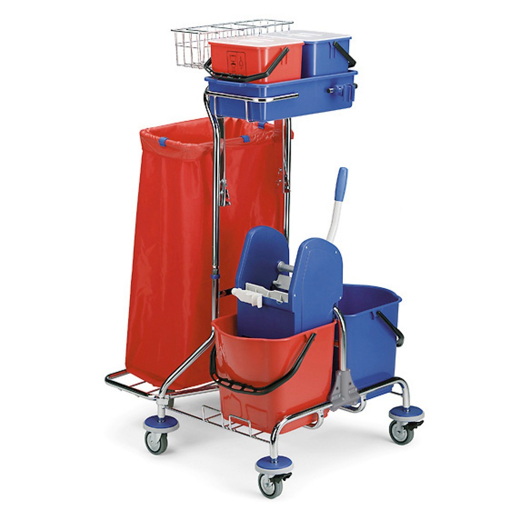 Imagen del producto: carro|plataforma de limpieza universal IV, cromado, 2 x 15 litros con prensa de fregona + 2 x 6 litros