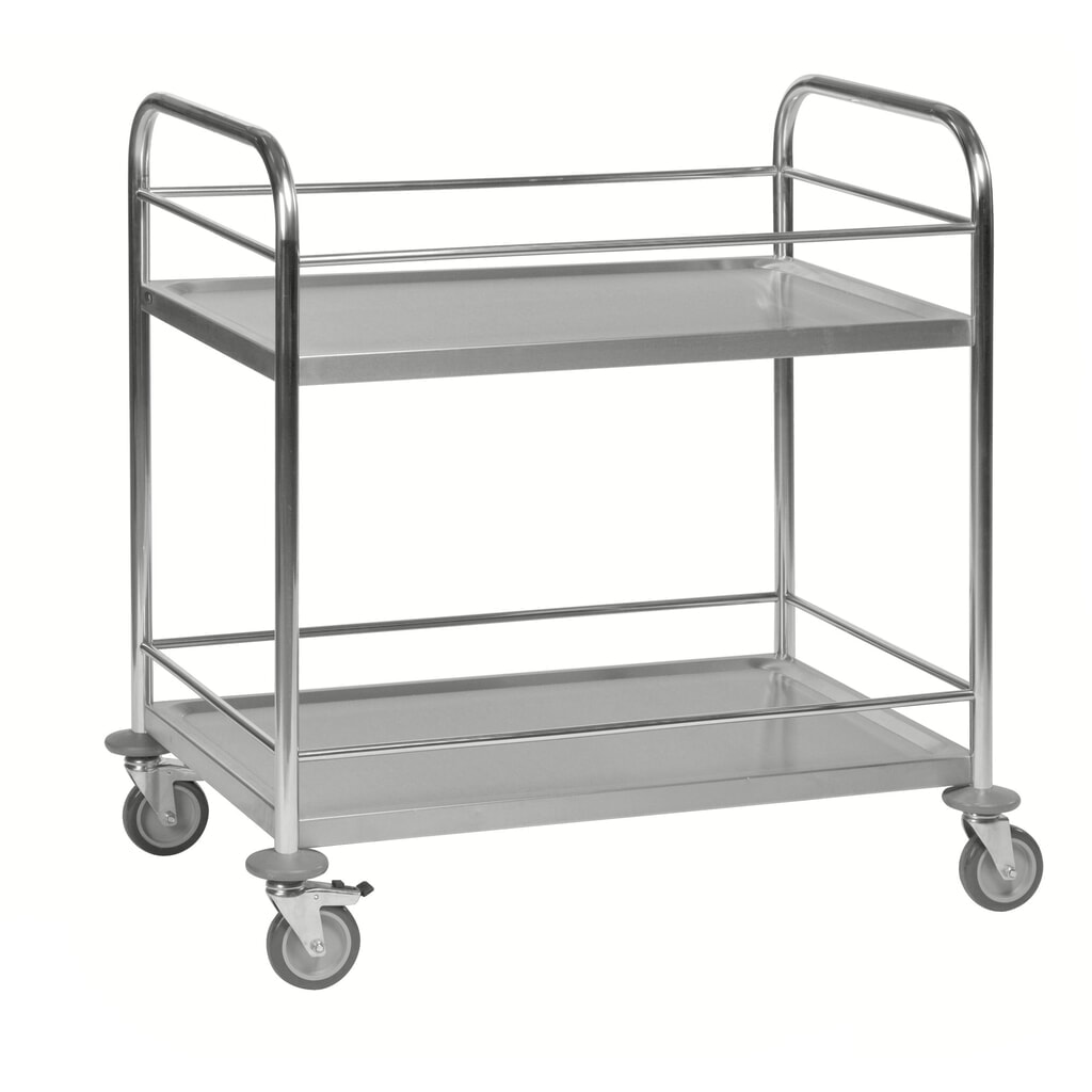 carro de transporte de servicio de acero inoxidable, 2 estantes, H x An x F 940 x 590 x 910 mm, barra protectora Imagen del producto: carro de transporte de servicio de acero inoxidable, 2 estantes, H x An x F 940 x 590 x 910 mm, barra protectora