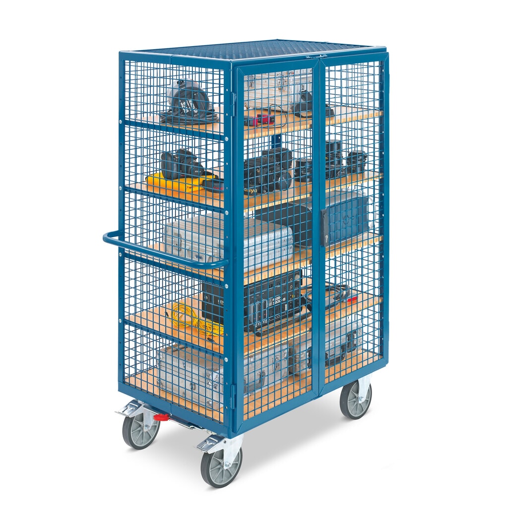 fetra® carro|plataforma de armario, paredes de celosía, con puerta doble de dos hojas, 5 niveles de 1.000 x 680 mm Número de imagen del producto 4: fetra® carro|plataforma de armario, paredes de celosía, con puerta doble de dos hojas, 5 niveles de 1.000 x 680 mm
