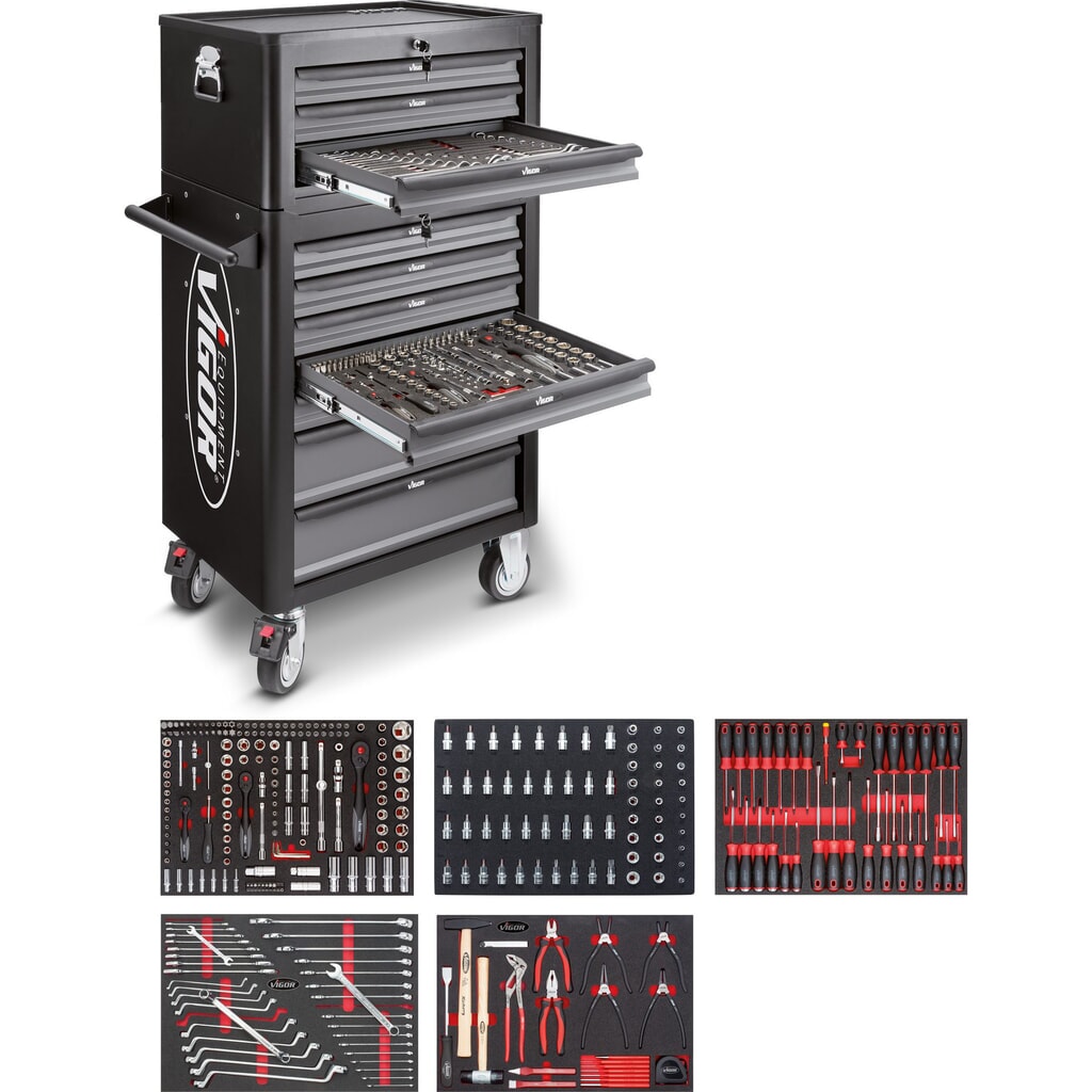 Imagen del producto: carro|plataforma de herramientas VIGOR® 1000, 7 + 3 cajones + estuche superior, inclusivo 344 piezas surtido de herramientas